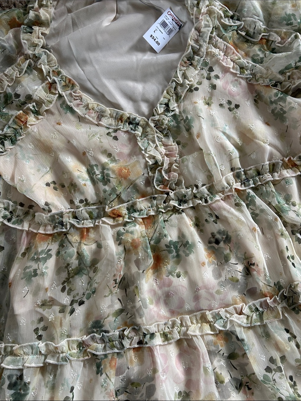 Floral Tiered Womens Dress - Light Cream & Green - Picture 3 of 4